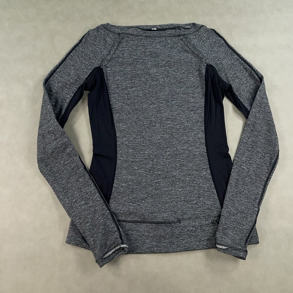 Lululemon Gray Black Full Tilt Long Sleeve Pullover Ruffle Trim T-shirt Sz 6